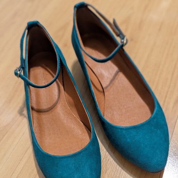 Madewell Teal/Turquoise Suede Ankle Strap Mini Wedge 7.5 NIB - Picture 2 of 8